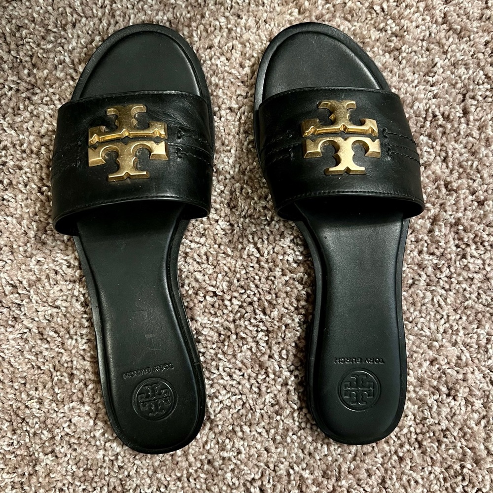 TORY BURCH Black Leather Slide Everly Sandals Size 7